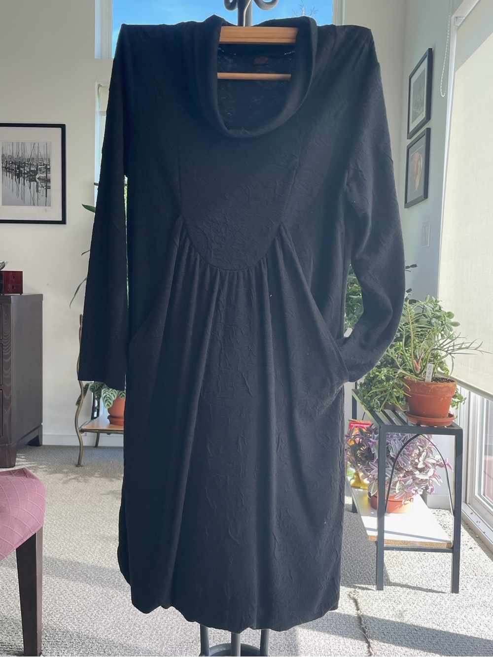 Black Long-Sleeve Cowl Neck Women's Dress